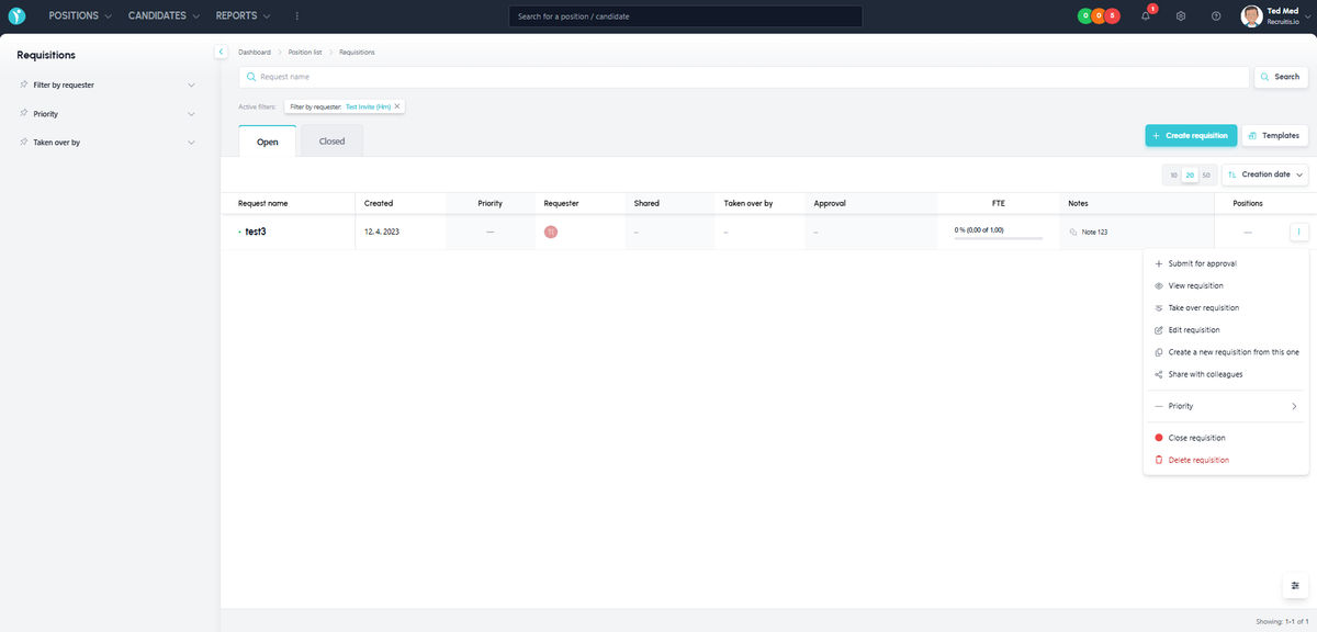 New layout of the requisitions page