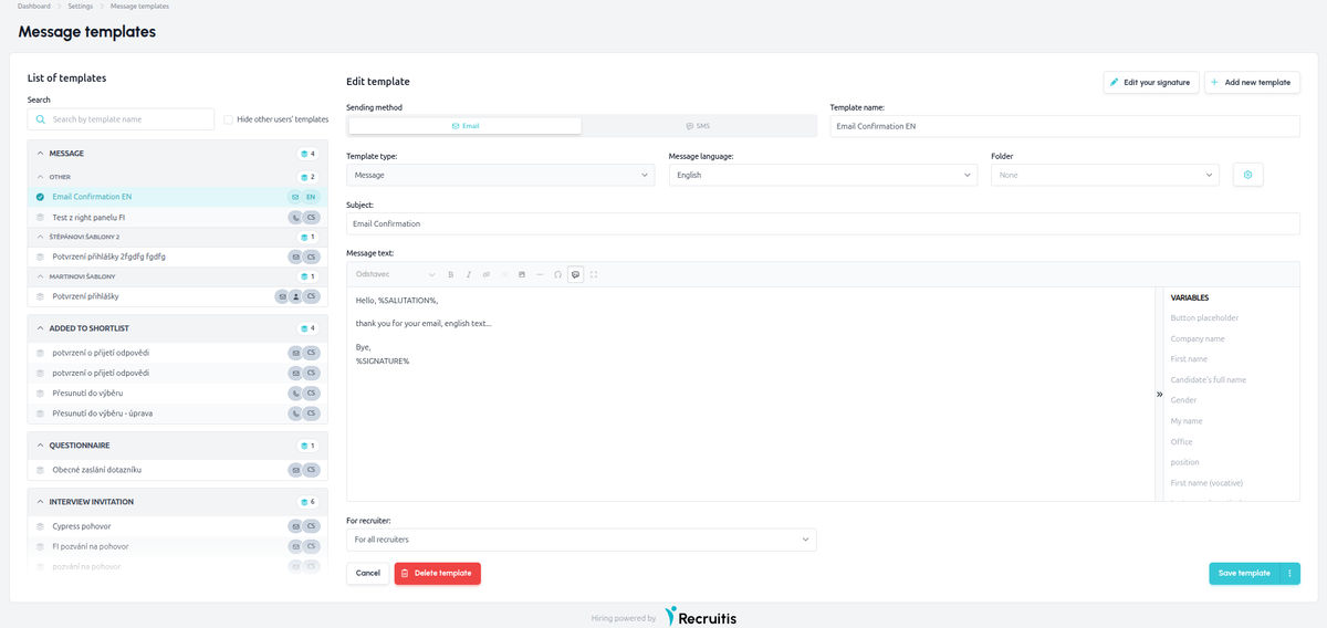 The redesigned Message templates page with search by template name