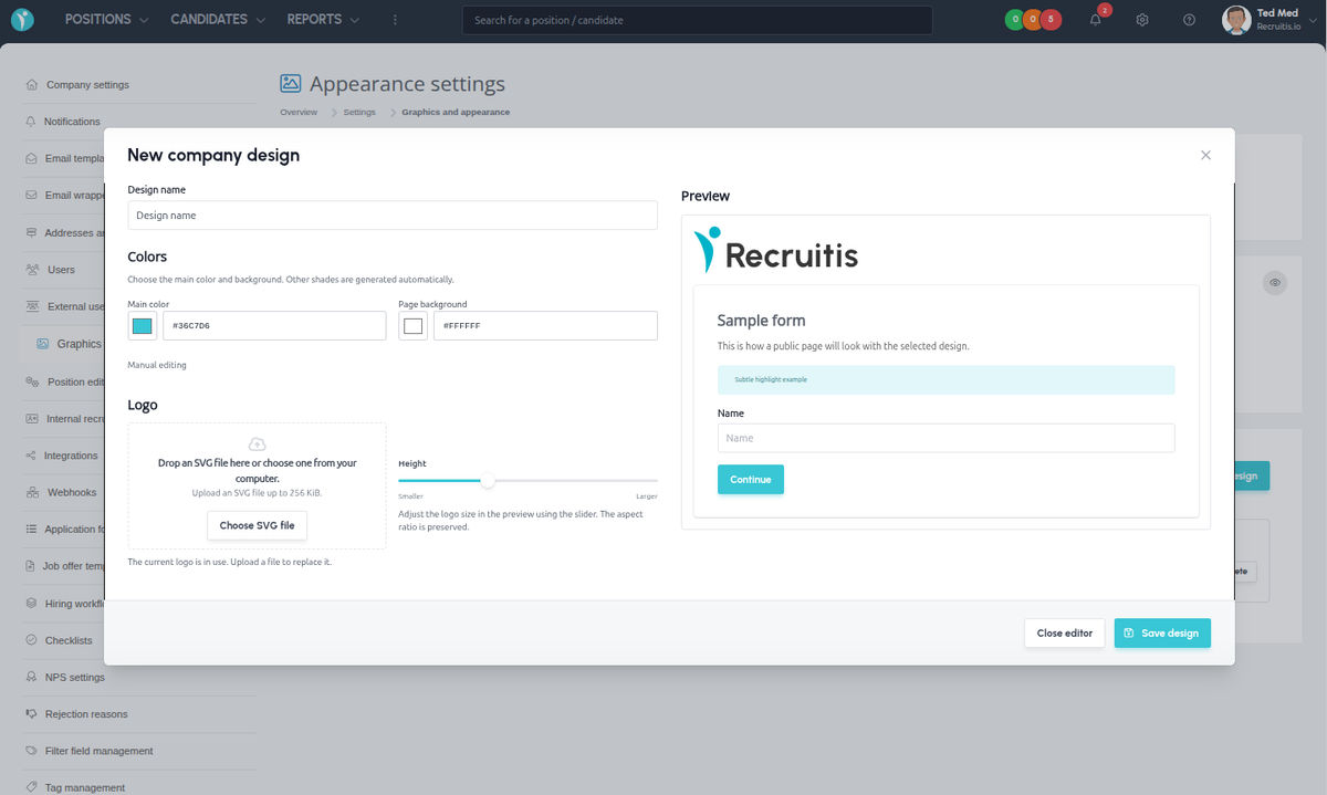 Overview of company designs in the settings