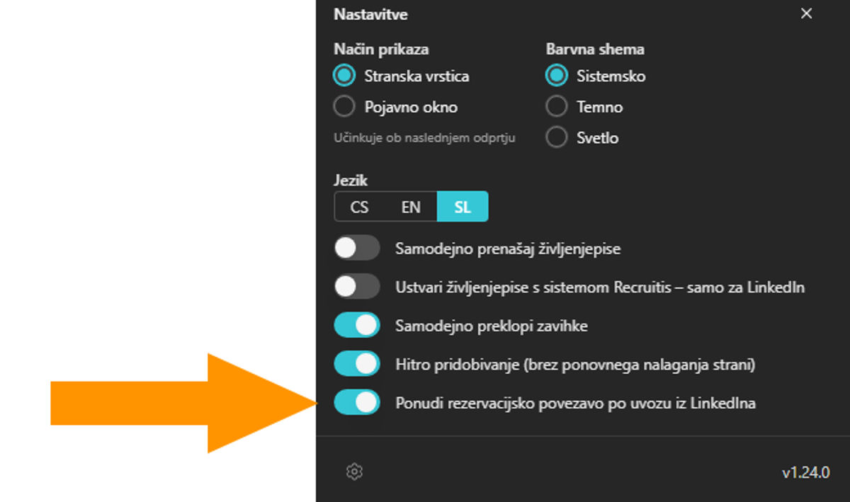 Nastavitve vtičnika z vklopljenim stikalom "Ponudi rezervacijsko povezavo po uvozu iz LinkedIna"