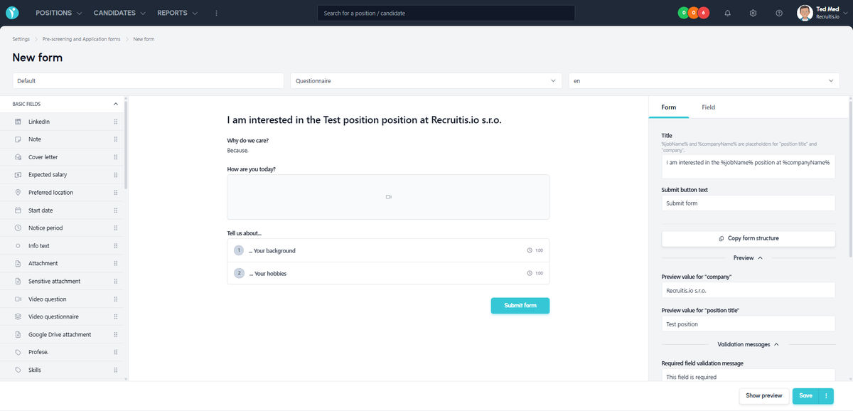 Form editor with the new Video question and Video questionnaire field types