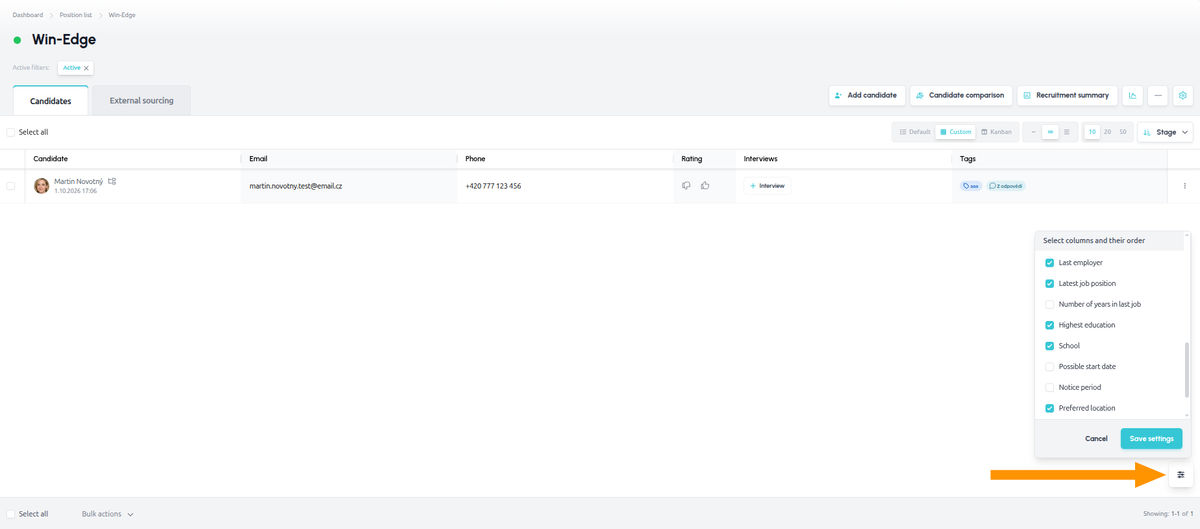 Choosing the columns with CV data in the Custom view of the candidate list