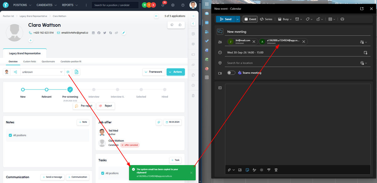 Adding the candidate's system email to a calendar invitation