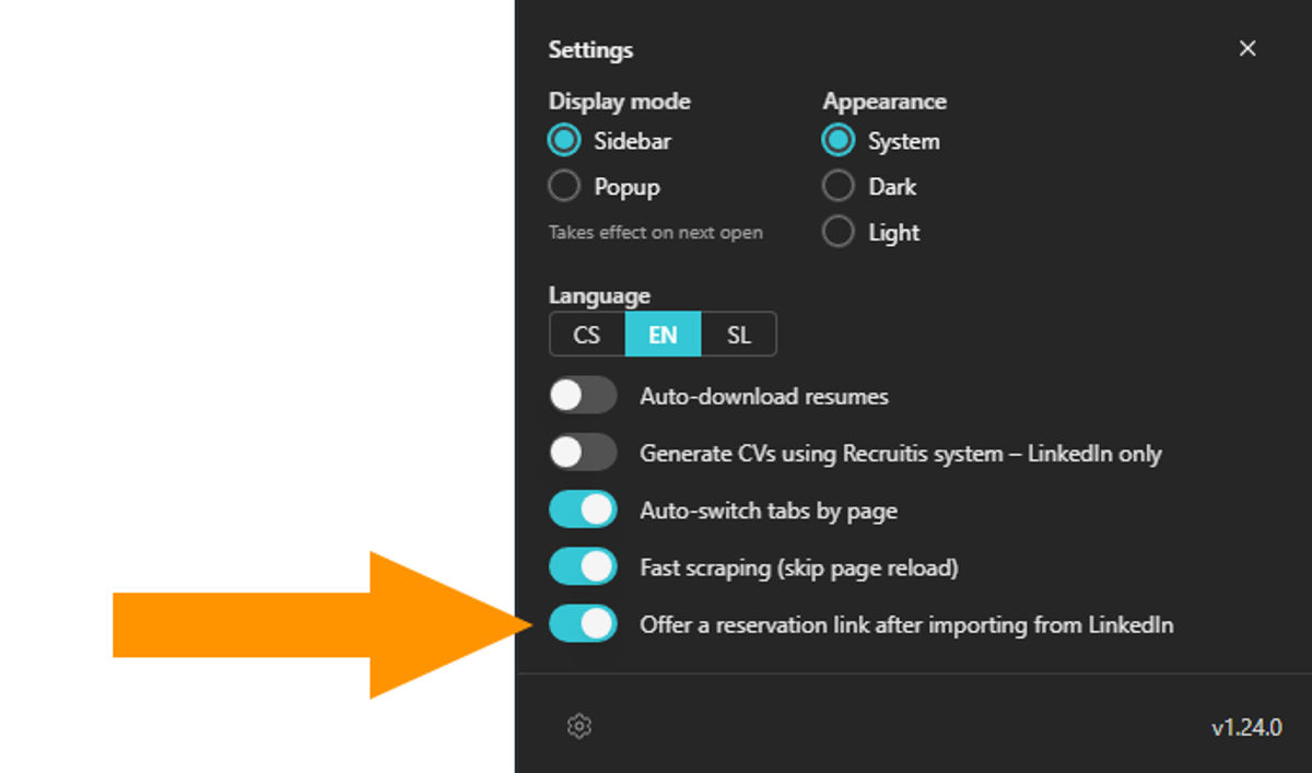 Plugin settings with the "Offer a booking link after LinkedIn import" toggle enabled