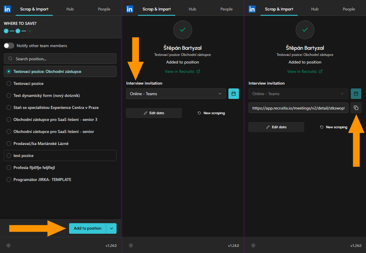 Three plugin panels: selecting a position → the Add to position button → template selection and copying the booking link