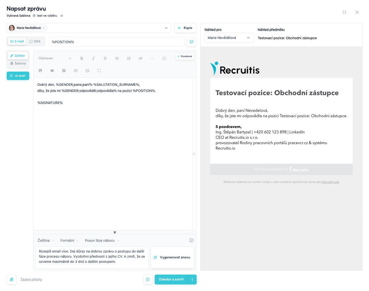 Compose message window with AI draft open: language, tone, context and a prompt with instructions