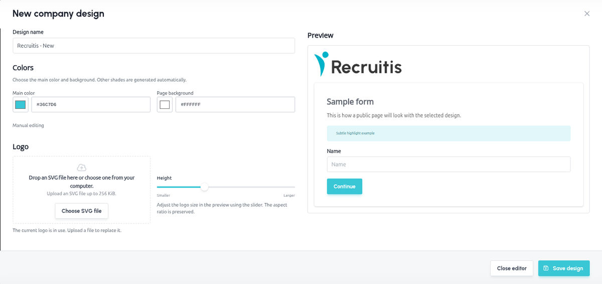 Company design editor with a preview of the public page