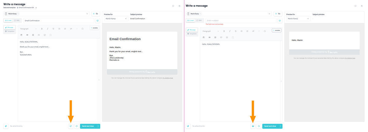 Template buttons at the bottom of the send email dialog: edit an existing template (left) and save text as a new template (right)