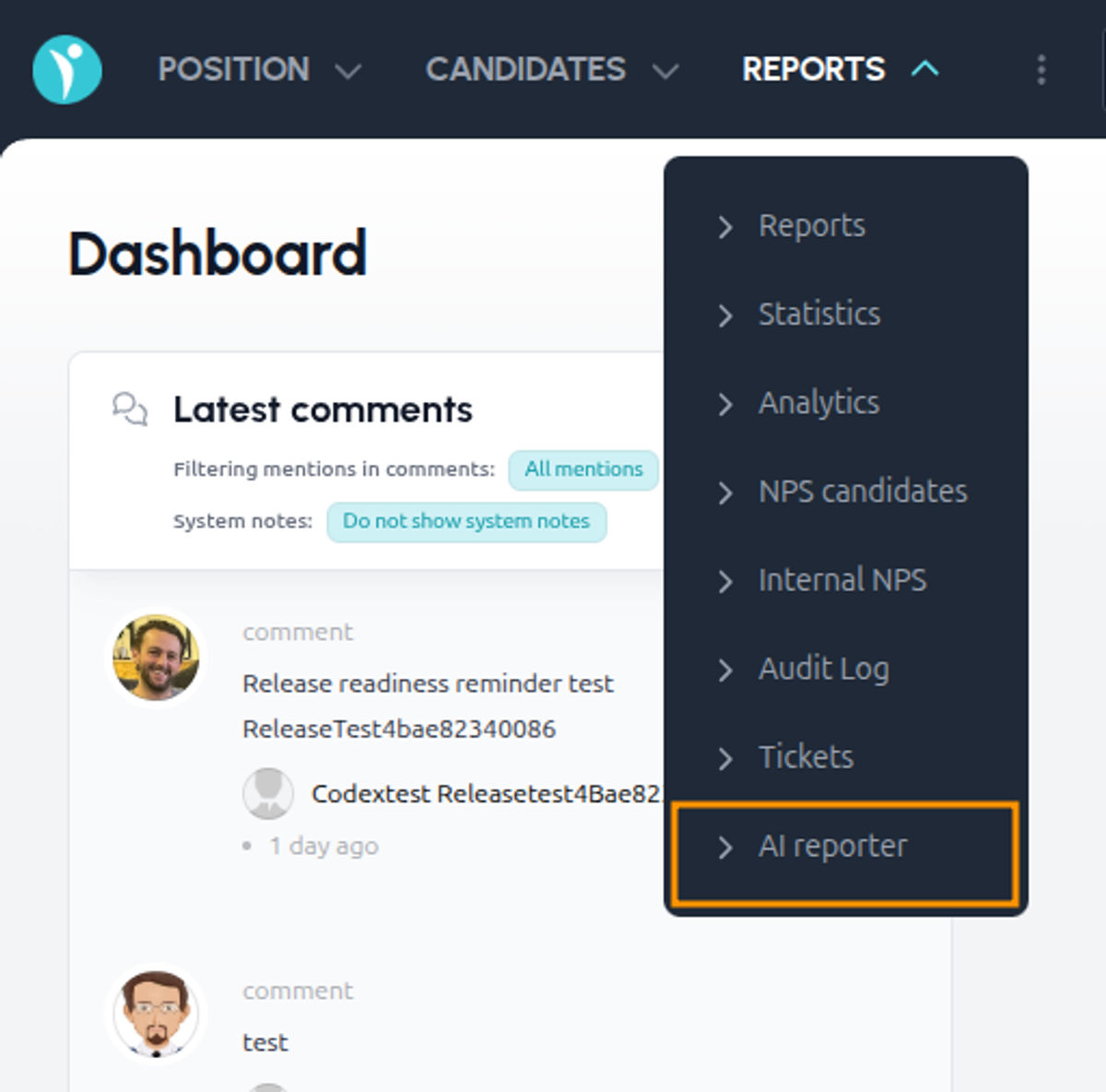 AI Reporter in the Reports menu