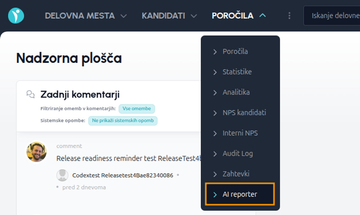 AI Reporter v meniju Poročila