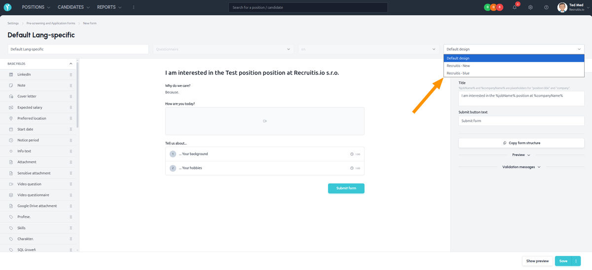 Selecting a design in a questionnaire template