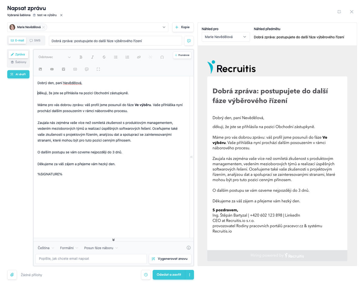 Personalized email generated by AI draft from a brief, formal template