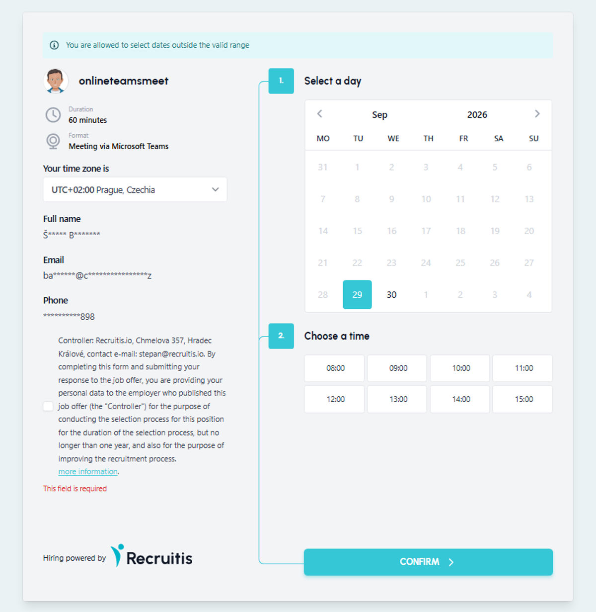 Booking page where the candidate picks a time and confirms GDPR consent