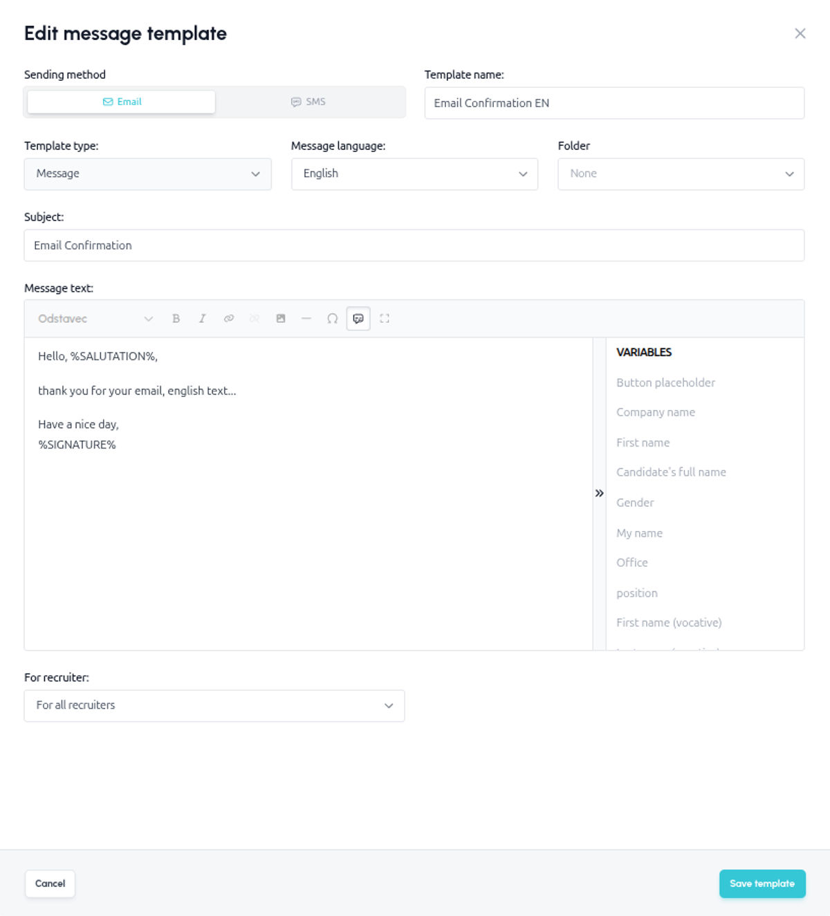 Side panel with template settings, shown here for an interview invitation template