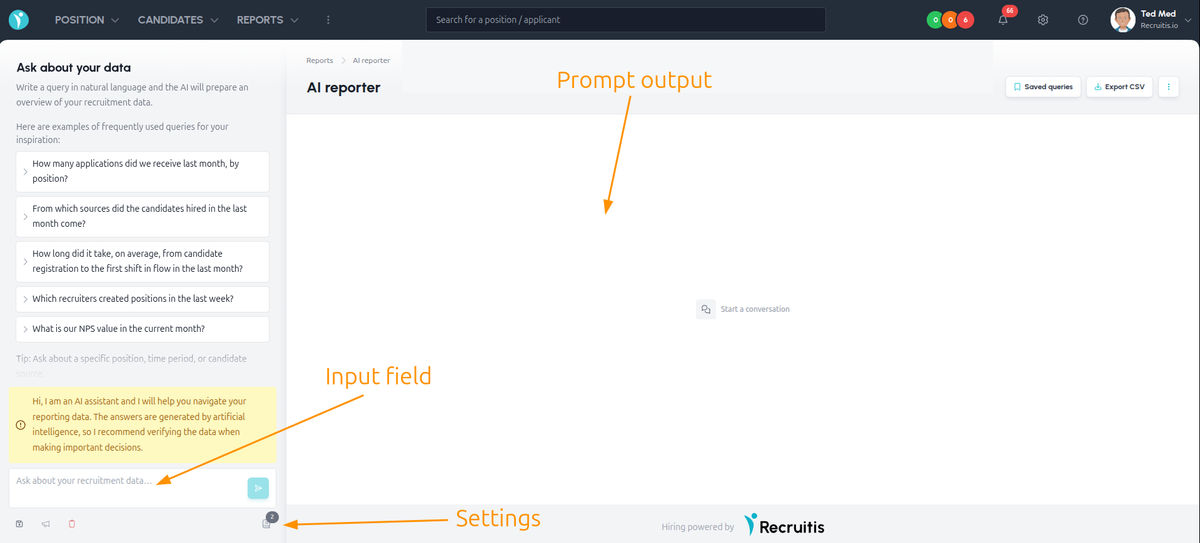 AI Reporter's initial screen with sample prompts