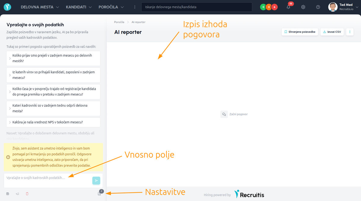 Začetni zaslon AI Reporterja z vzorčnimi poizvedbami