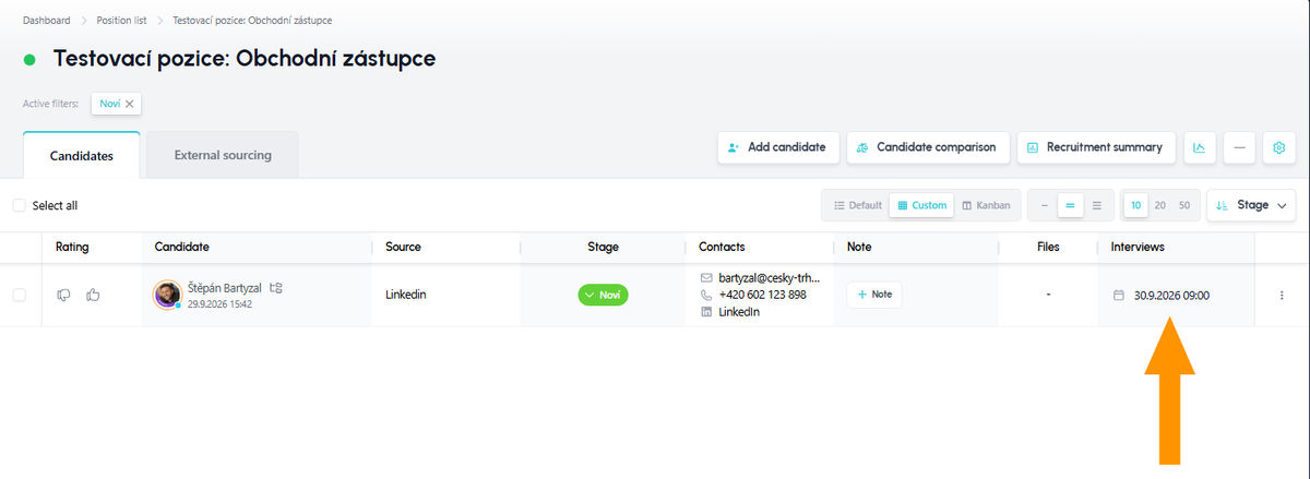 Candidate list on the position showing the "Waiting for time selection" status