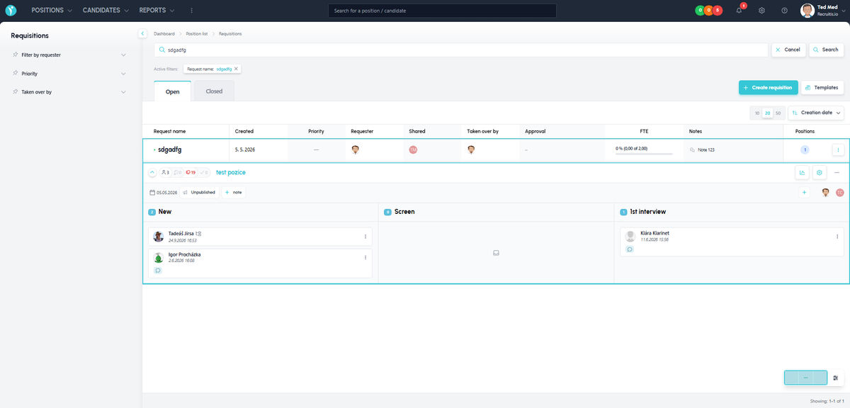 Kanban with candidates on positions assigned to a requisition