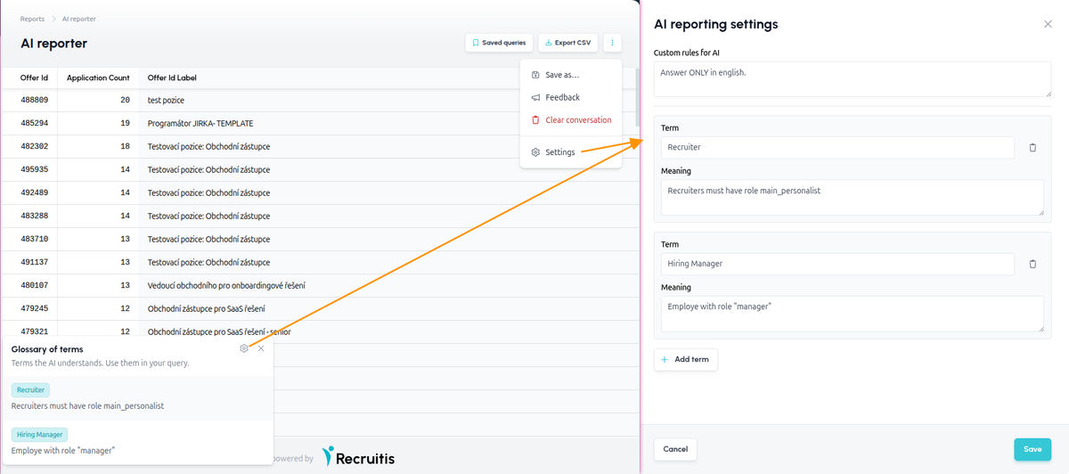 AI Reporter settings menu