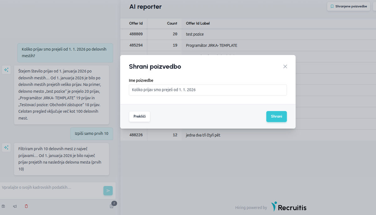 Shranjevanje poizvedbe v AI Reporterju