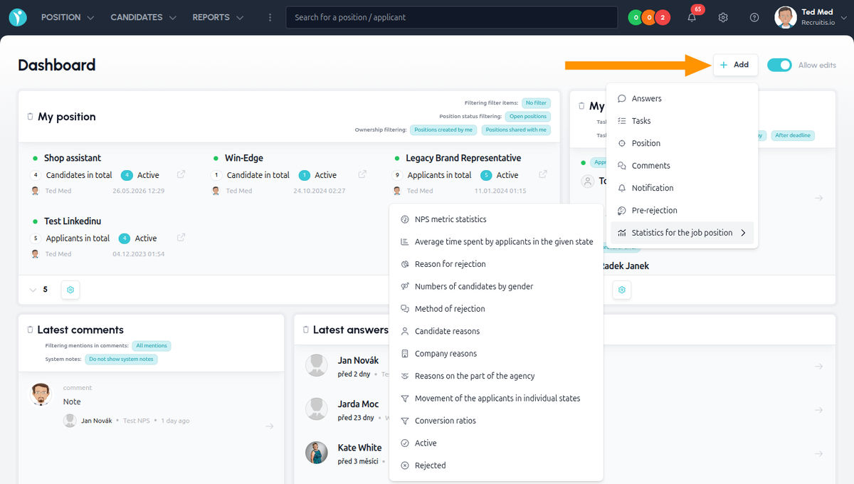 Adding the Position statistics widget to the dashboard