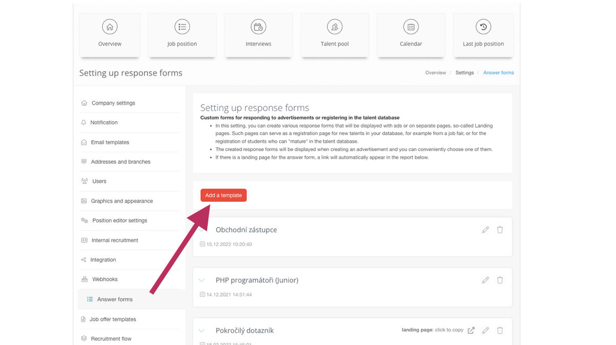 response form settings