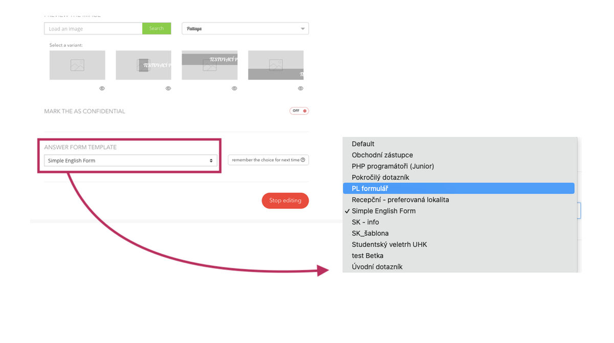 choosing a template for the reply form