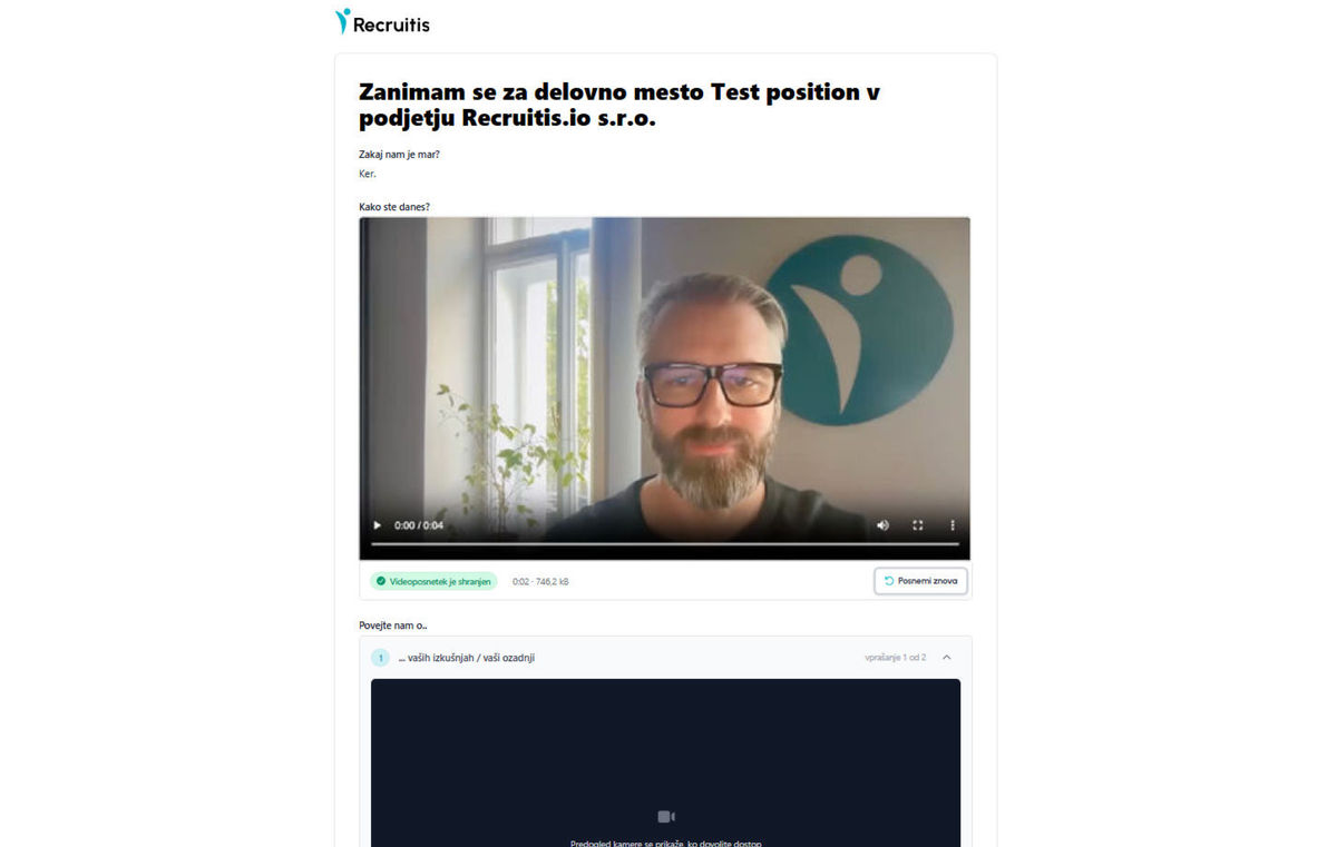 Pogled kandidata: snemanje video odgovora v obrazcu