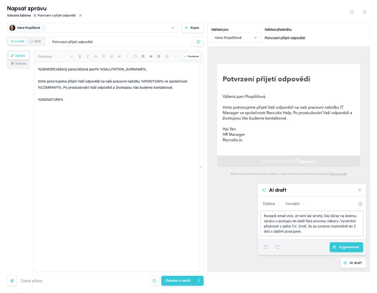 Okno Napsat zprávu s otevřeným AI draftem: jazyk, tón, kontext a prompt s instrukcemi