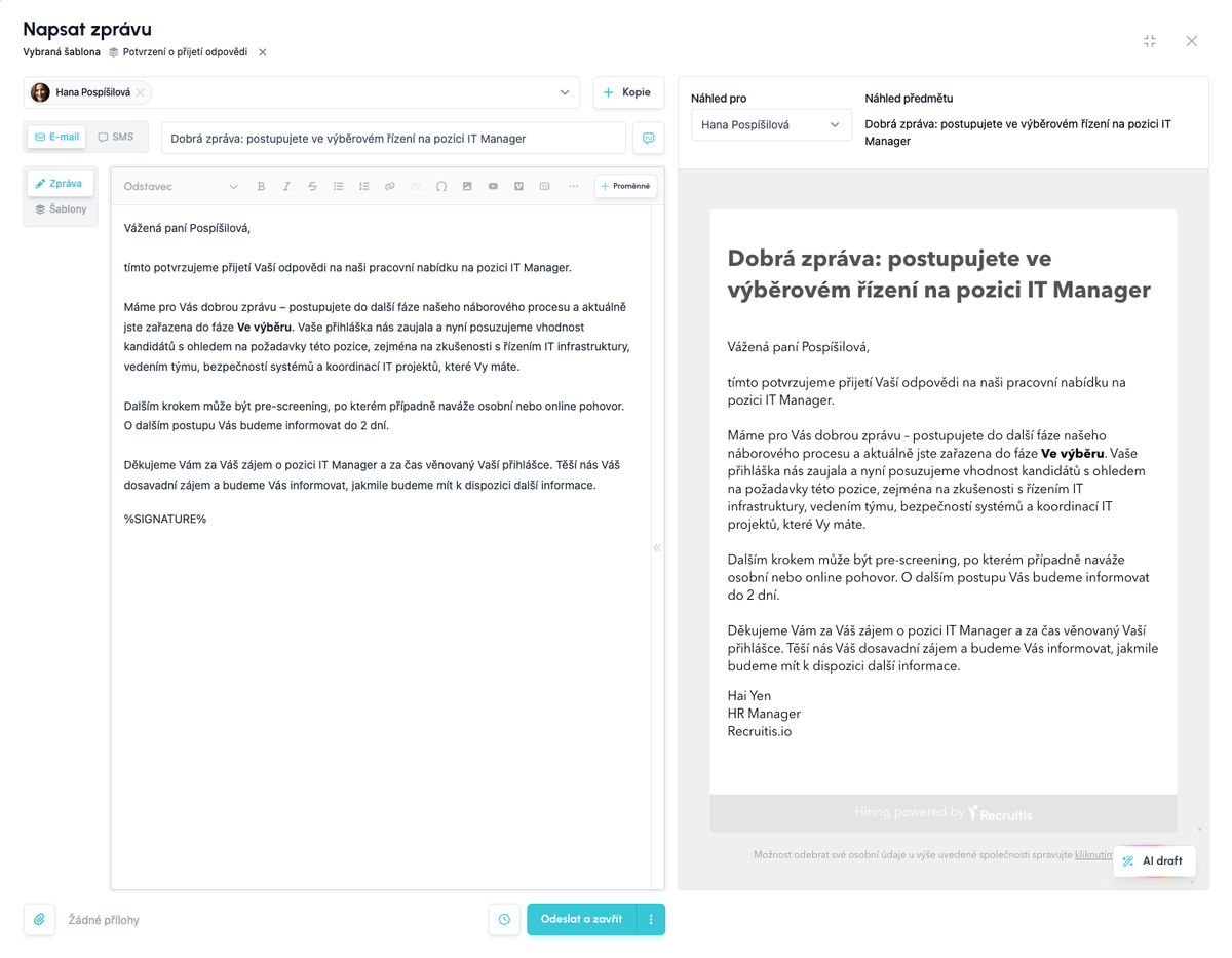Personalizovaný e-mail, který AI draft vygeneroval ze stručné formální šablony