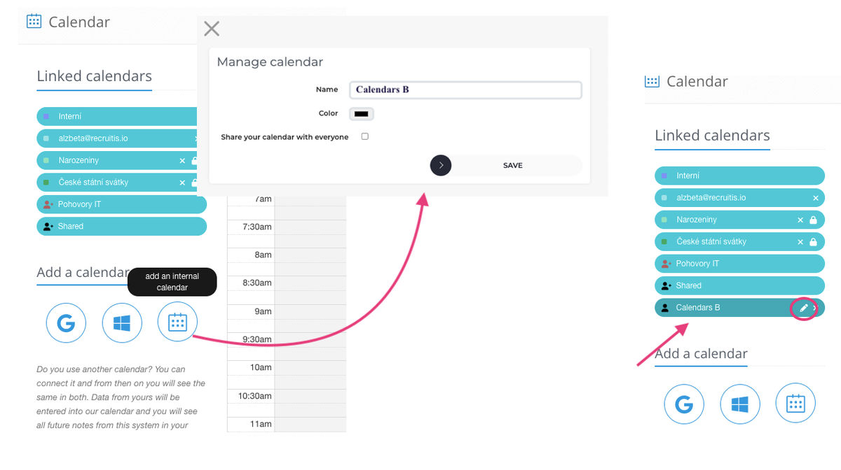 Internal calendar settings