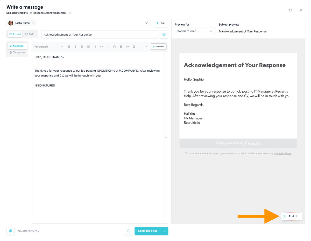 AI draft button in the email sending window