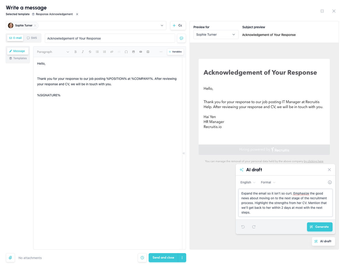 Compose message window with AI draft open: language, tone, context and a prompt with instructions
