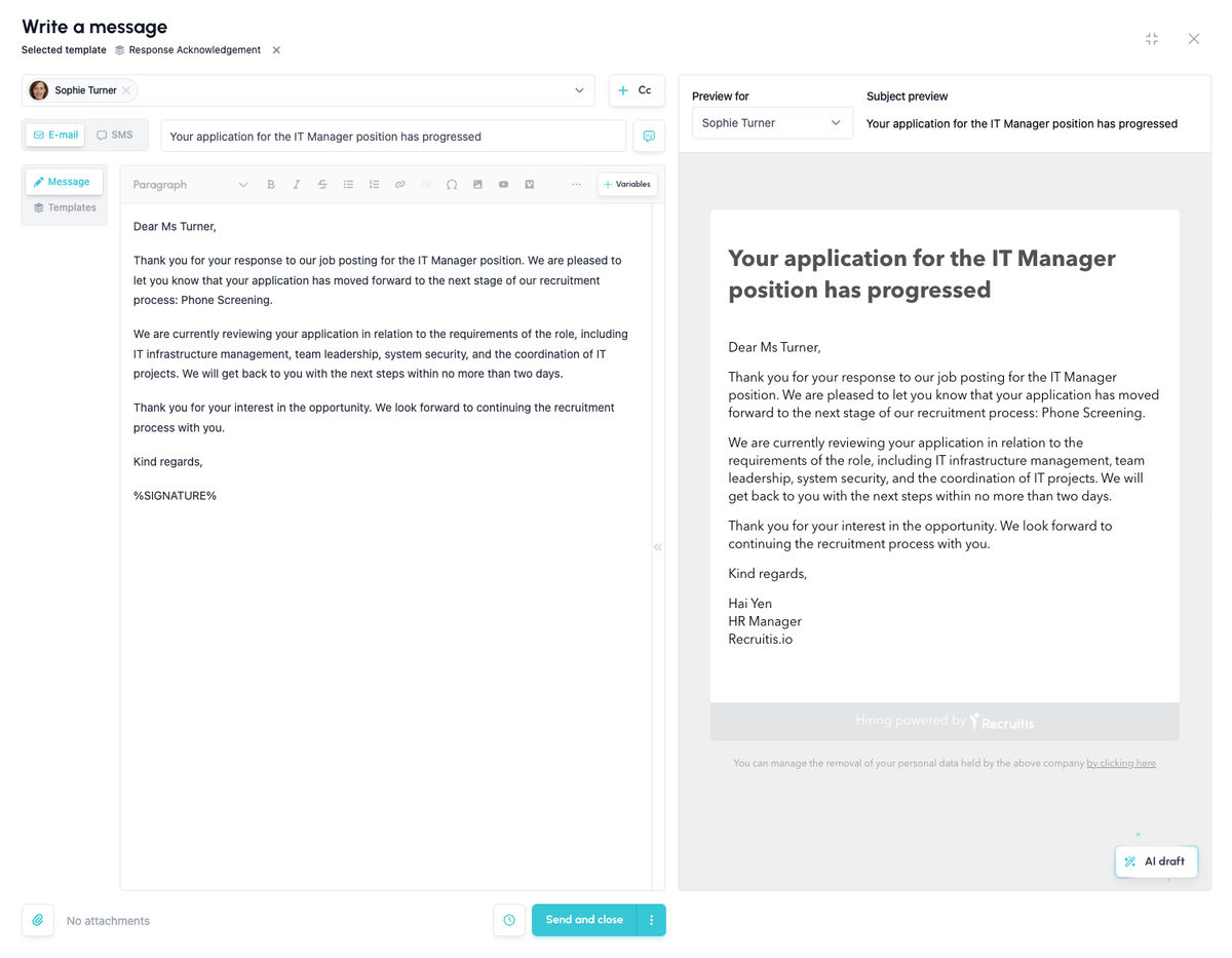 Personalized email generated by AI draft from a brief, formal template