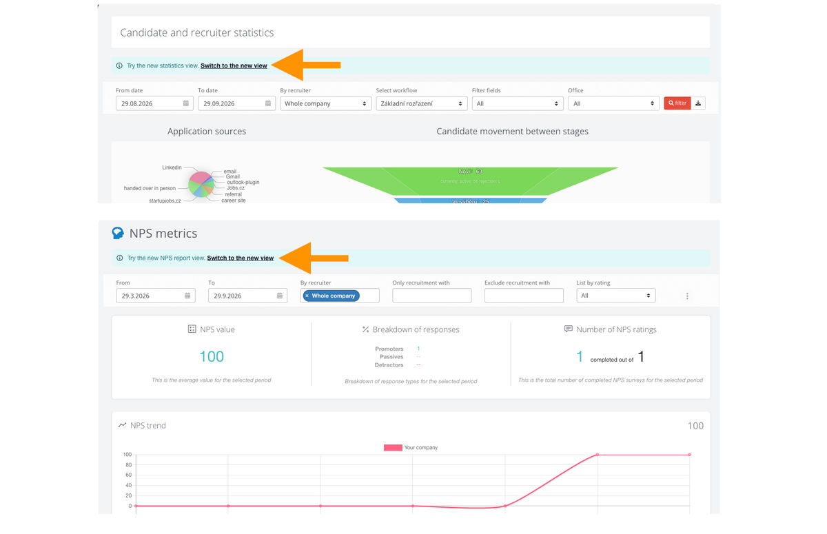 Banner with the option to switch to the new view on the Statistics page and in the NPS report