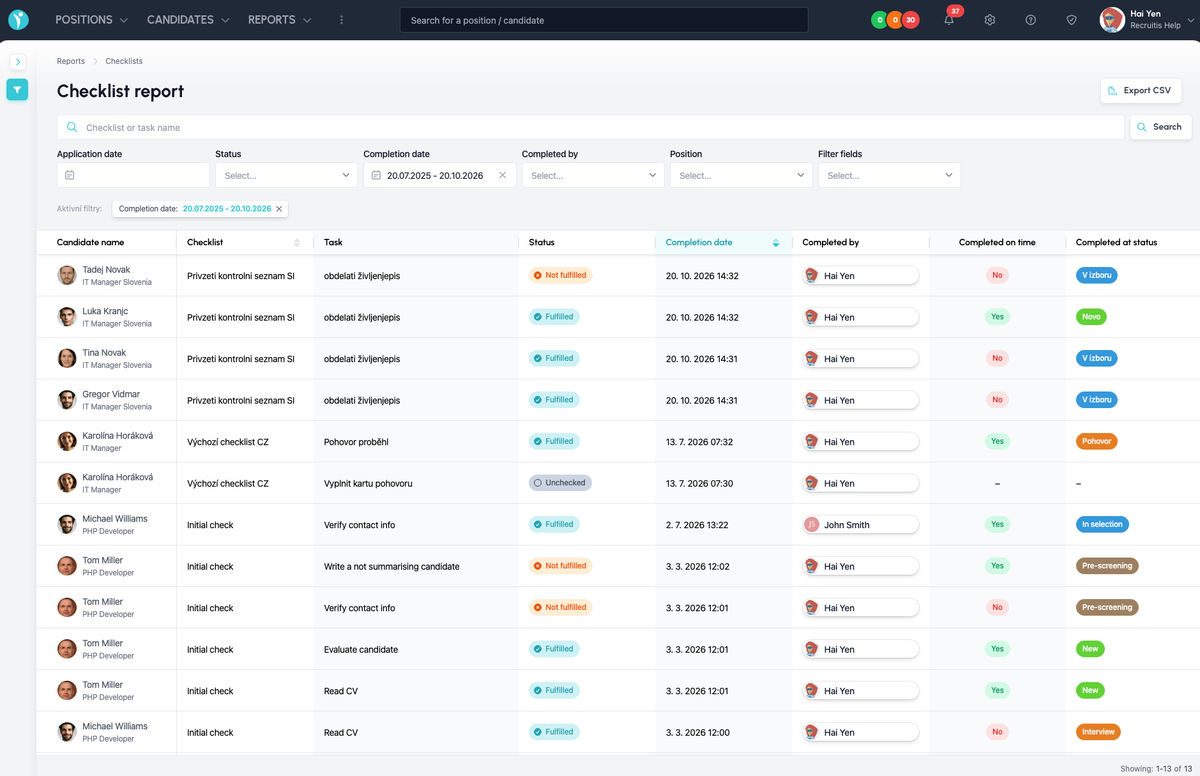 Checklist report with columns and filters