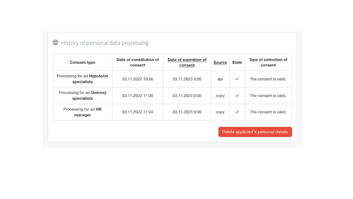 History of personal data processing on the candidate card