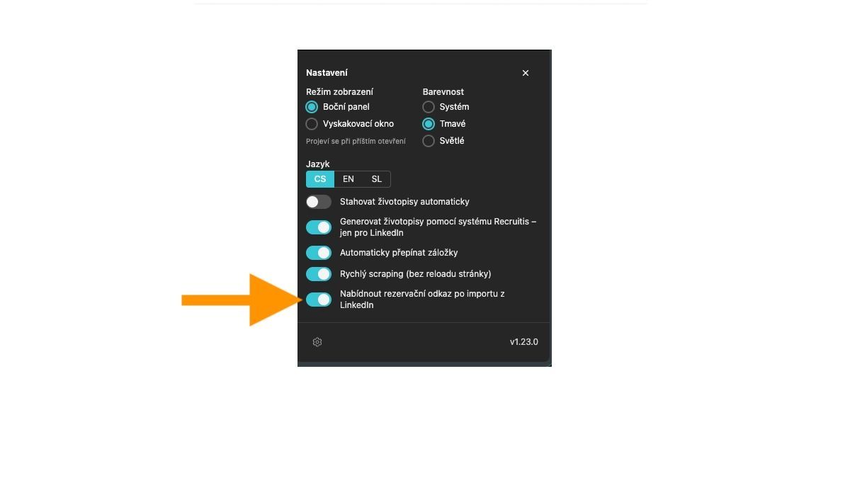 Nastavení pluginu se zapnutým přepínačem „Nabídnout rezervační odkaz po importu z LinkedInu (soubor 10.png)