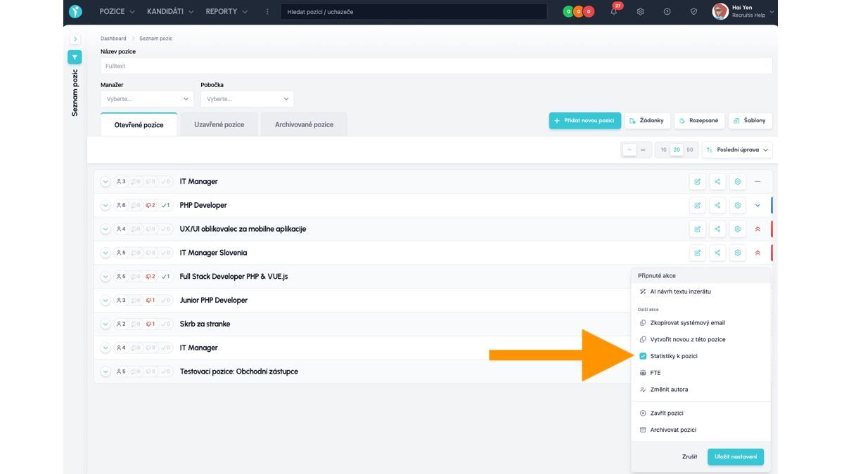 Enabling the Position statistics shortcut in the position list actions