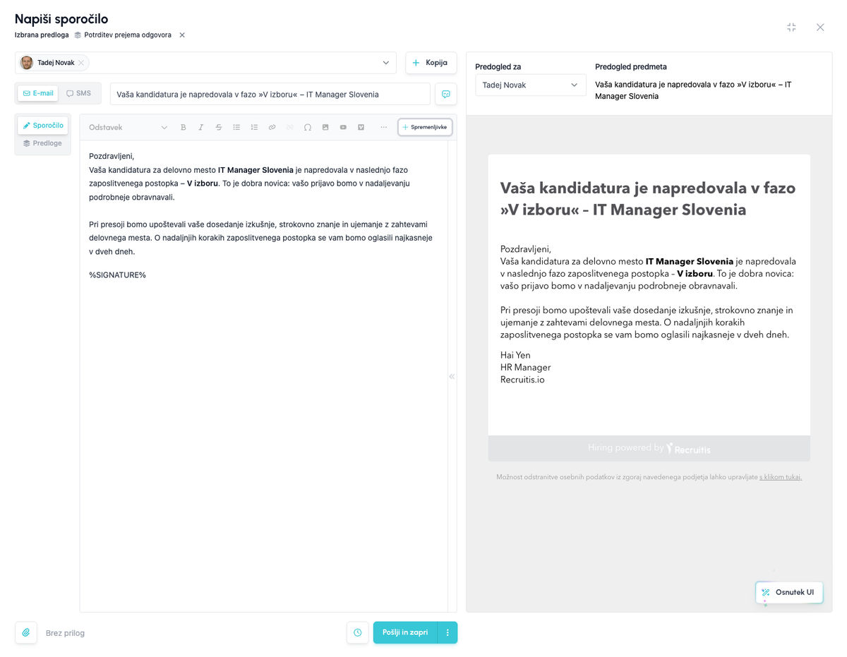 Personalizirano e-poštno sporočilo, ki ga je AI draft ustvaril iz kratke formalne predloge