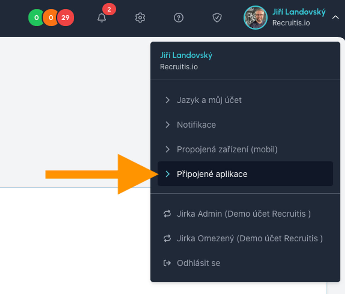 SCREENSHOT 1 – Menu uživatele v Recruitisu s položkou Připojené aplikace