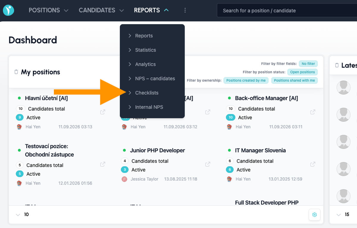 Checklists item in the Reports menu
