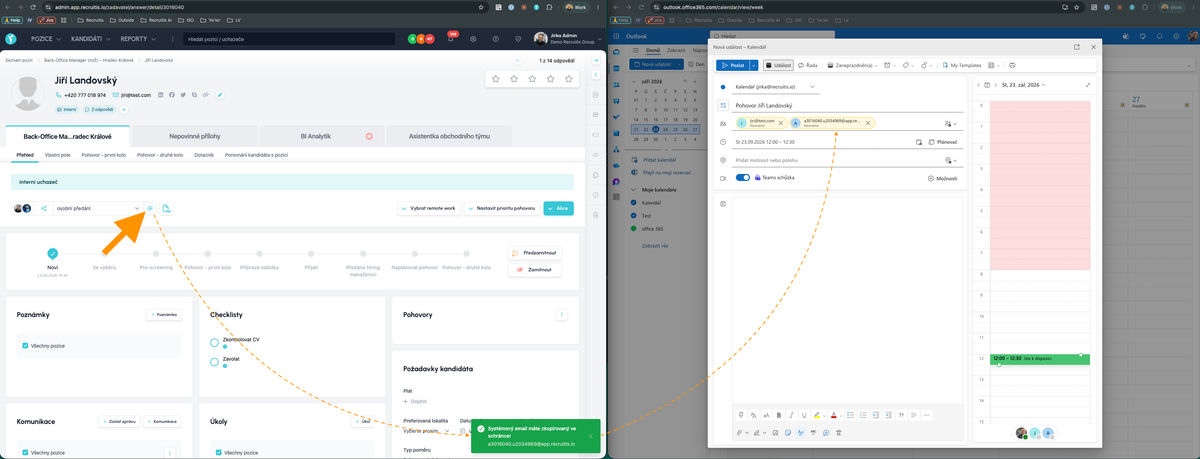 Adding the candidate's system email to a calendar invitation