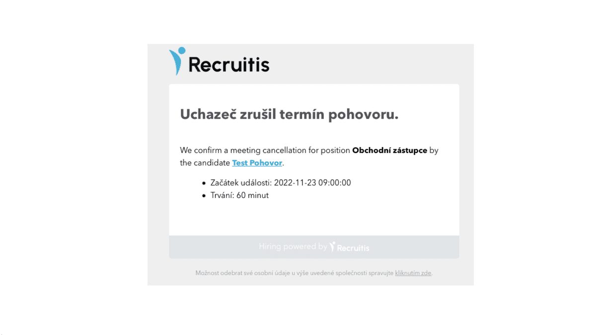 Example of notification of cancellation at the recruiter