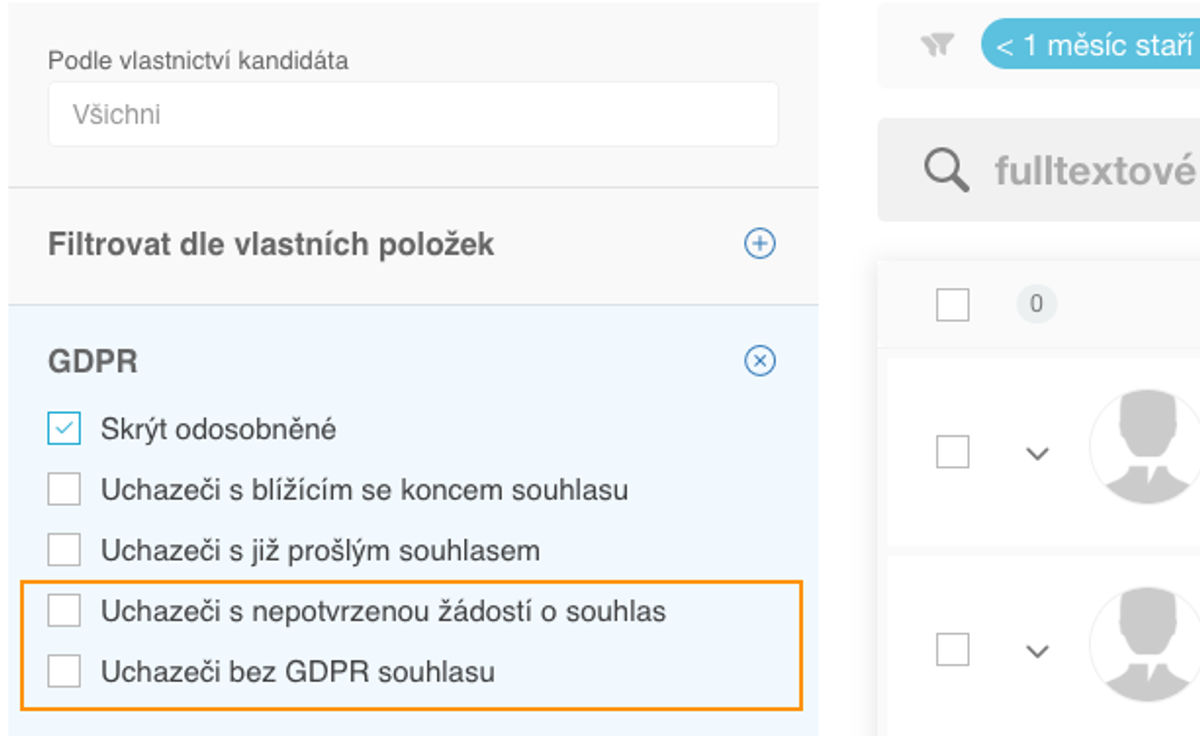 Nové GDPR filtry v databázi