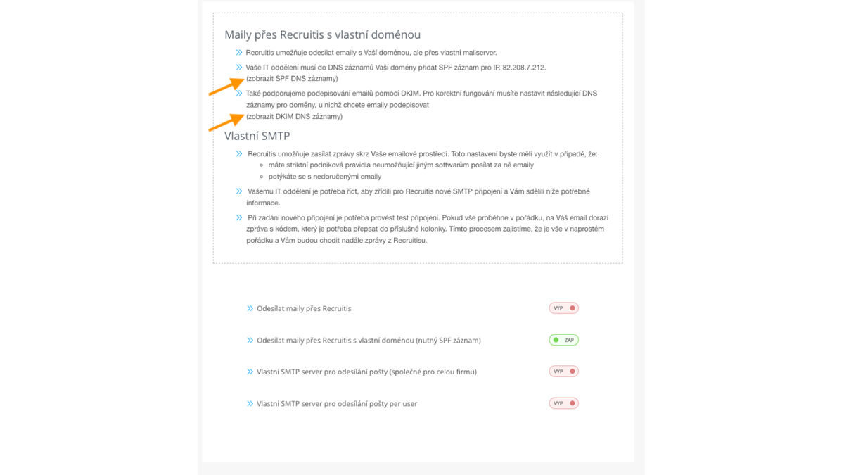 informace o SPF a DKIM záznamech