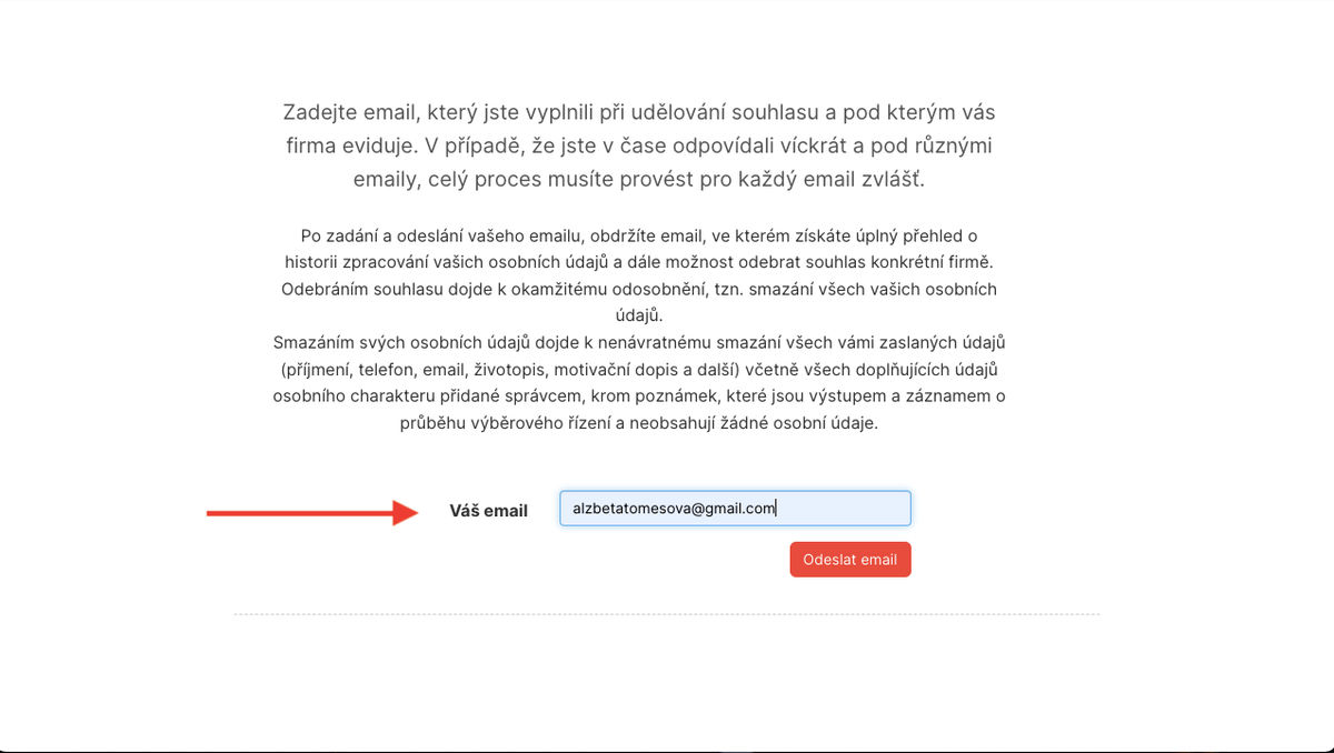 Odkaz pro smazání osobních údajů - zadání e-mailu
